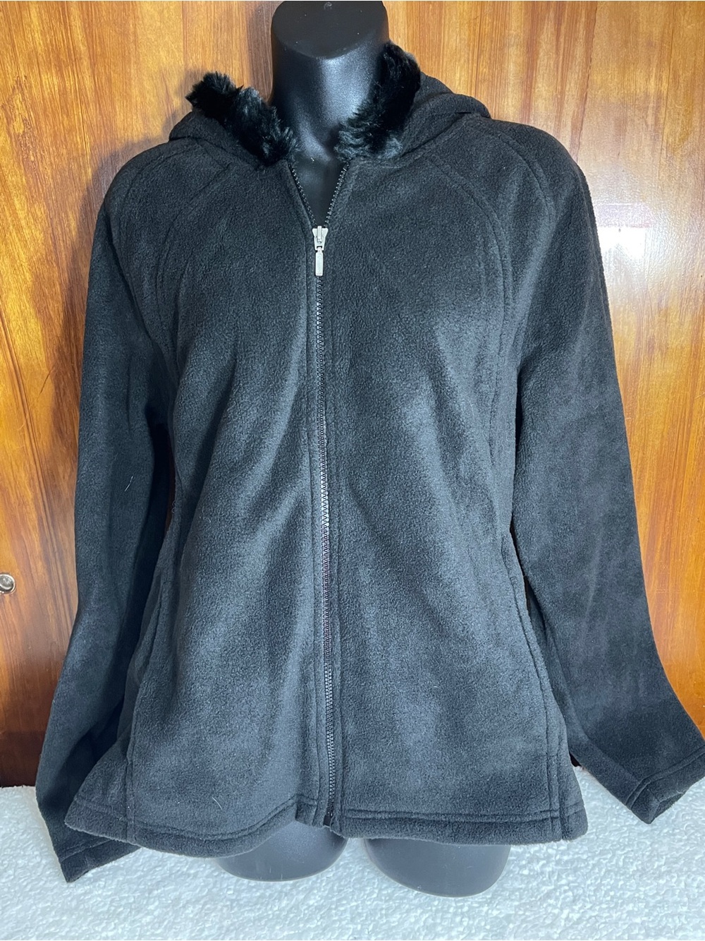 Kim Rogers Black Hooded Teddy Fleece Jacket with Faux Fur Trim